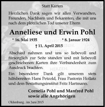 Traueranzeige von Anneliese und Erwin Pohl von Nordwest-Zeitung