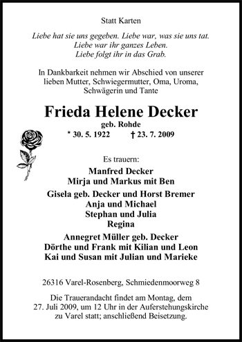 Traueranzeige von Frieda Helene Decker von Nordwest-Zeitung