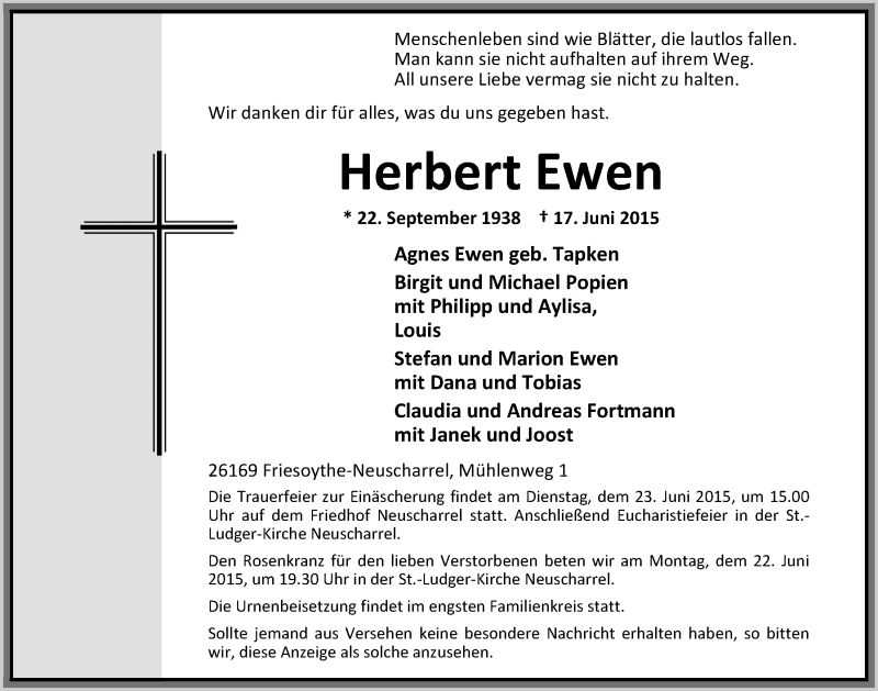  Traueranzeige für Herbert Ewen vom 19.06.2015 aus Nordwest-Zeitung