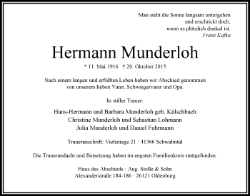 Traueranzeige von Hermann Munderloh von Nordwest-Zeitung