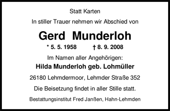 Traueranzeige von Gerd Munderloh von Nordwest-Zeitung