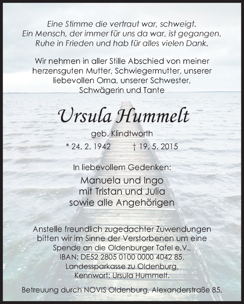  Traueranzeige für Ursula Hummelt vom 30.05.2015 aus Nordwest-Zeitung
