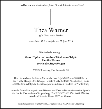 Traueranzeige von Thea Warner von Nordwest-Zeitung