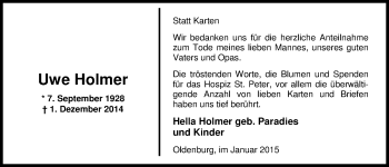 Traueranzeige von Uwe Holmer von Nordwest-Zeitung