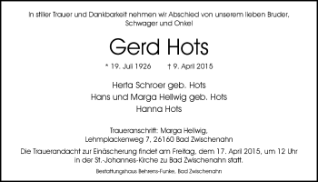 Traueranzeige von Gerd Hots von Nordwest-Zeitung