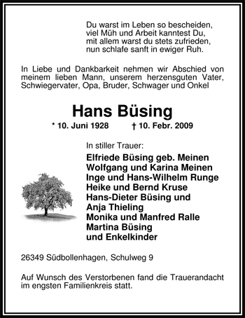 Traueranzeige von Hans Büsing von Nordwest-Zeitung