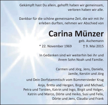 Traueranzeige von Carina Münzer von Nordwest-Zeitung