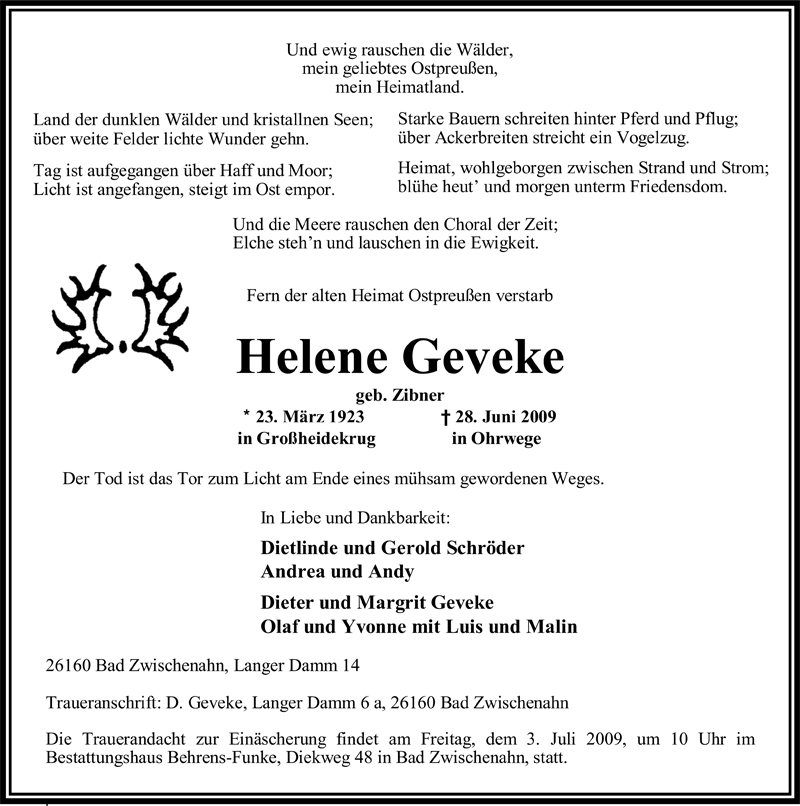  Traueranzeige für Helene Geveke vom 30.06.2009 aus Nordwest-Zeitung