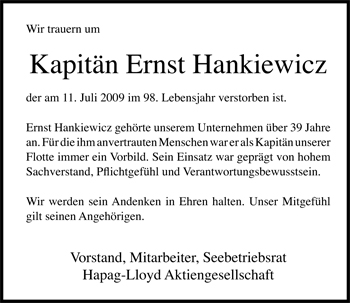 Traueranzeige von Ernst Hankiewicz von Nordwest-Zeitung