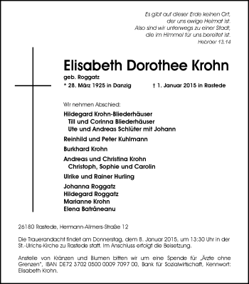 Traueranzeige von Elisabeth Dorothee Krohn von Nordwest-Zeitung