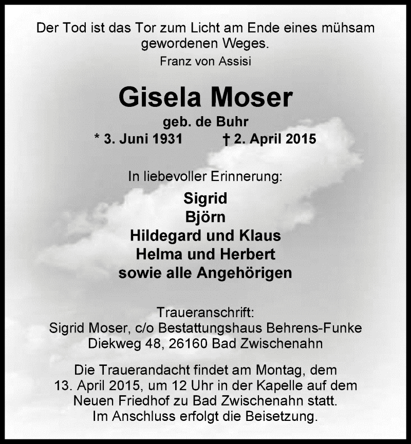  Traueranzeige für Gisela Moser vom 08.04.2015 aus Nordwest-Zeitung