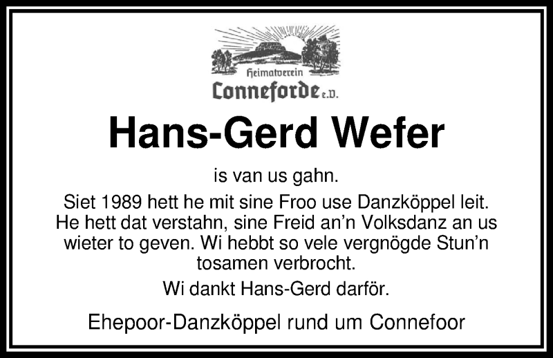  Traueranzeige für Hans-Gerd Wefer vom 06.10.2015 aus Nordwest-Zeitung