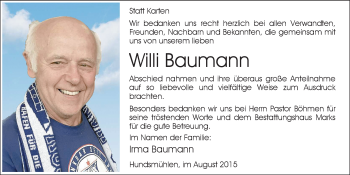 Traueranzeige von Willi Baumann von Nordwest-Zeitung