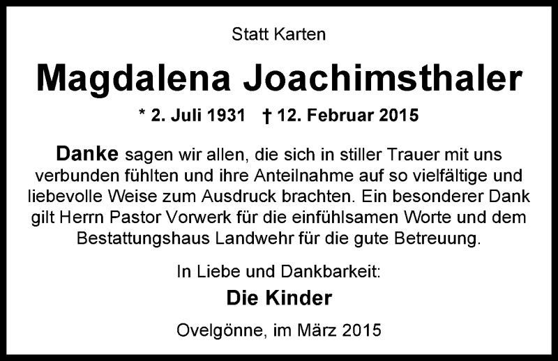  Traueranzeige für Magdalena Joachimsthaler vom 27.03.2015 aus Nordwest-Zeitung