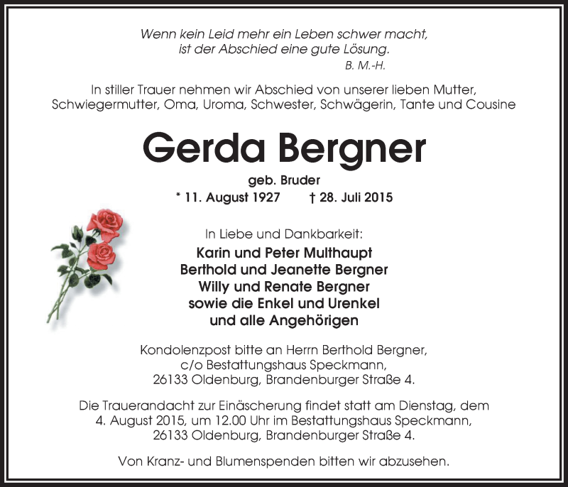  Traueranzeige für Gerda Bergner vom 01.08.2015 aus Nordwest-Zeitung