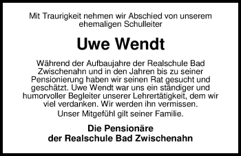 Traueranzeige von Uwe Wendt von Nordwest-Zeitung