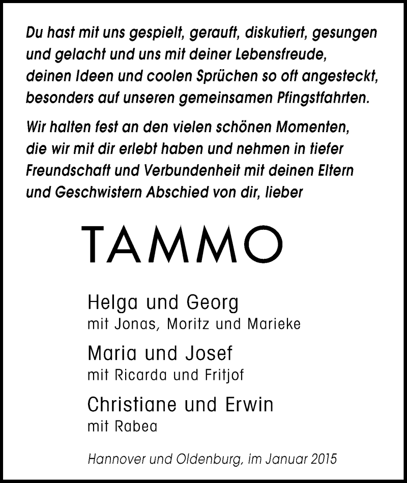  Traueranzeige für Tammo Lohmann vom 05.01.2015 aus Nordwest-Zeitung