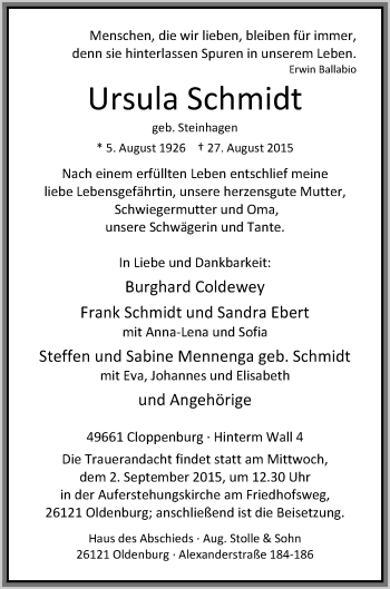 Traueranzeige von Ursula Schmidt von Nordwest-Zeitung