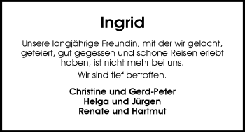 Traueranzeige von Ingrid Schmidt von Nordwest-Zeitung