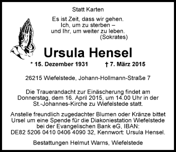 Traueranzeige von Ursula Hensel von Nordwest-Zeitung