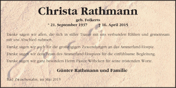 Traueranzeige von Christa Rathmann von Nordwest-Zeitung