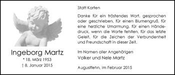 Traueranzeige von Ingeborg Martz von Nordwest-Zeitung