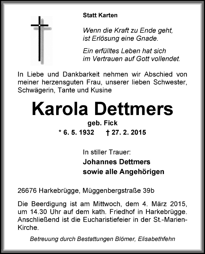  Traueranzeige für Karola Dettmers vom 28.02.2015 aus Nordwest-Zeitung