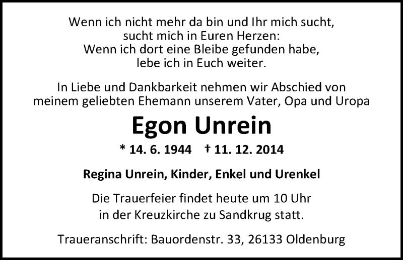  Traueranzeige für Egon Unrein vom 18.12.2014 aus Nordwest-Zeitung