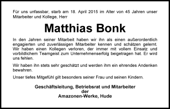 Traueranzeige von Matthias Bonk von Nordwest-Zeitung