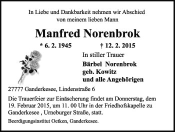 Traueranzeige von Manfred Norenbrok von Nordwest-Zeitung