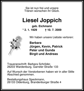 Traueranzeige von Liesel Joppich von Nordwest-Zeitung