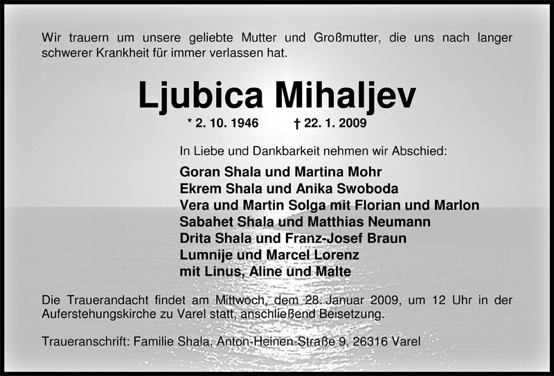  Traueranzeige für Ljubica Mihaljev vom 24.01.2009 aus Nordwest-Zeitung