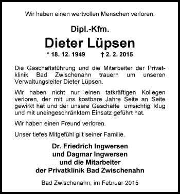 Traueranzeige von Dieter Lüpsen von Nordwest-Zeitung