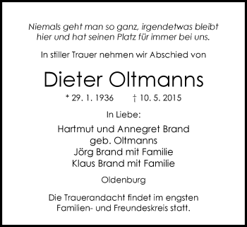 Traueranzeige von Dieter Oltmanns von Nordwest-Zeitung
