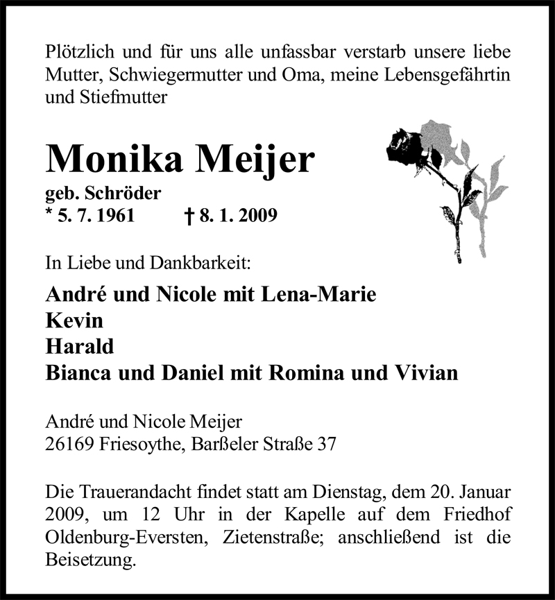 Traueranzeige für Monika Meijer vom 13.01.2009 aus Nordwest-Zeitung