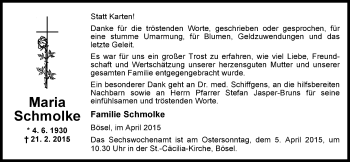 Traueranzeige von Maria Schmolke von Nordwest-Zeitung