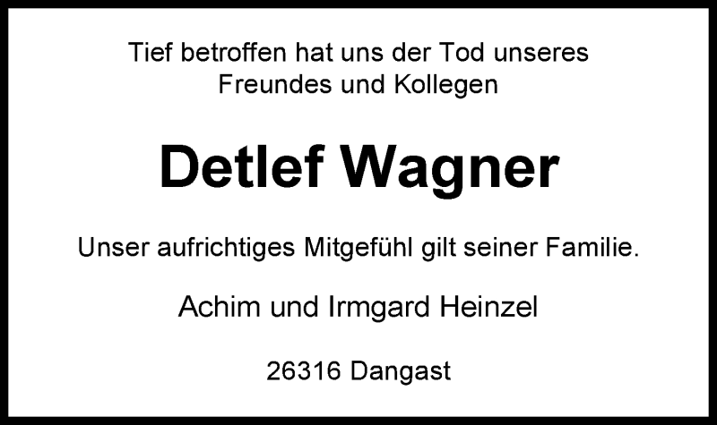  Traueranzeige für Detlef Wagner vom 29.05.2015 aus Nordwest-Zeitung