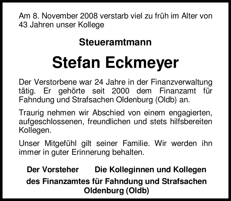  Traueranzeige für Stefan Eckmeyer vom 13.11.2008 aus Nordwest-Zeitung