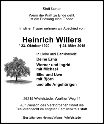 Traueranzeige von Heinrich Willers von Nordwest-Zeitung