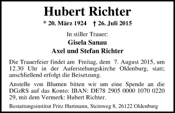 Traueranzeige von Hubert Richter von Nordwest-Zeitung