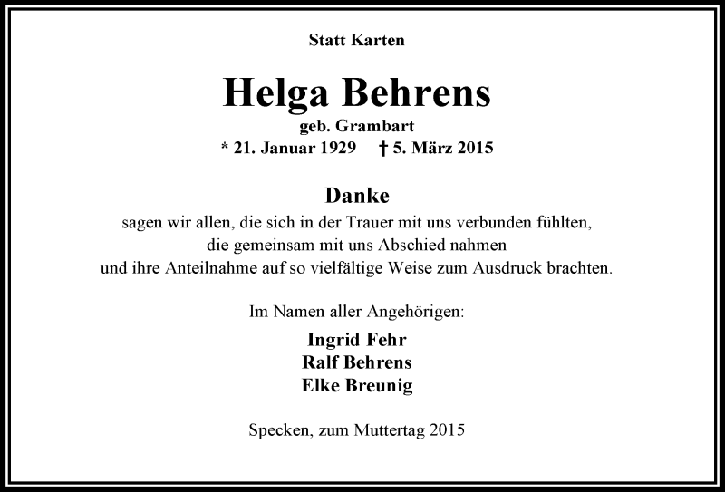  Traueranzeige für Helga Behrens vom 09.05.2015 aus Nordwest-Zeitung