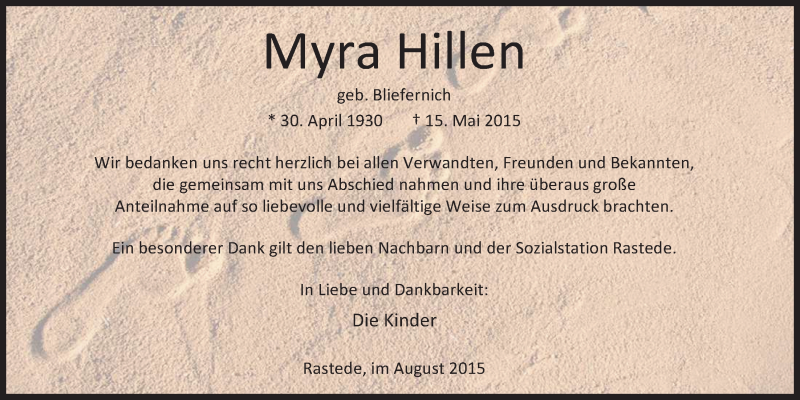  Traueranzeige für Myra Hillen vom 08.08.2015 aus Nordwest-Zeitung