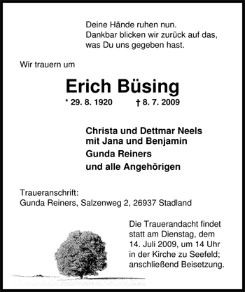 Traueranzeige von Erich Büsing von Nordwest-Zeitung