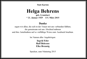 Traueranzeige von Helga Behrens von Nordwest-Zeitung