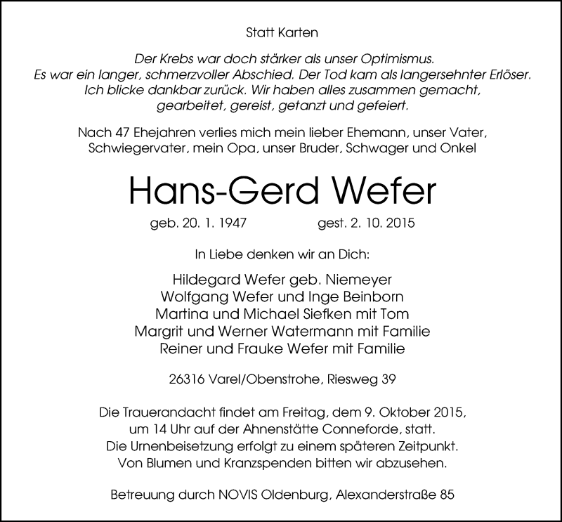  Traueranzeige für Hans-Gerd Wefer vom 06.10.2015 aus Nordwest-Zeitung
