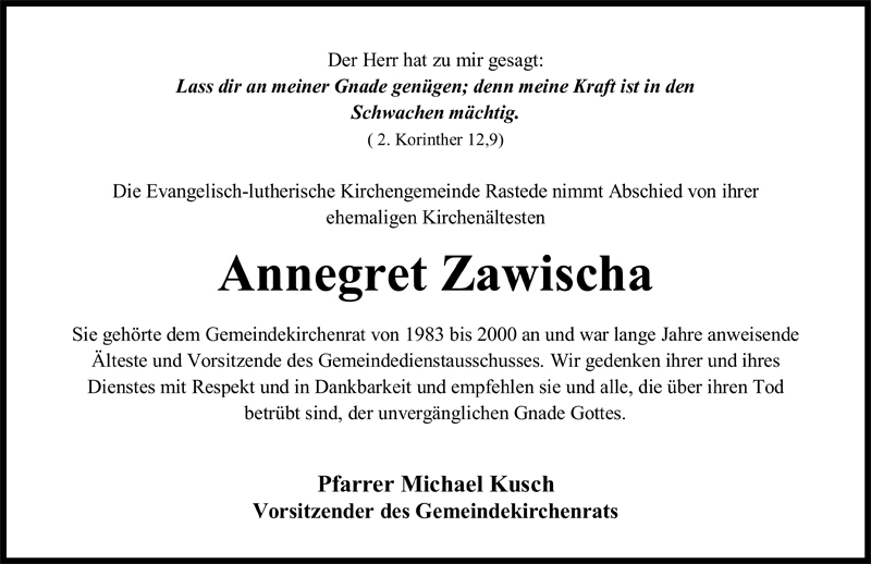  Traueranzeige für Annegret Zawischa vom 21.02.2009 aus Nordwest-Zeitung