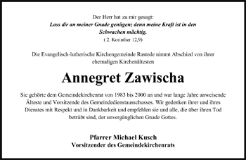 Traueranzeige von Annegret Zawischa von Nordwest-Zeitung