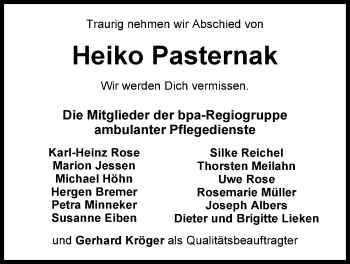 Traueranzeige von Heiko Pasternak von Nordwest-Zeitung