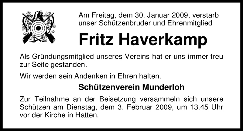  Traueranzeige für Fritz Haverkamp vom 02.02.2009 aus Nordwest-Zeitung