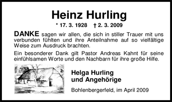Traueranzeige von Heinz Hurling von Nordwest-Zeitung